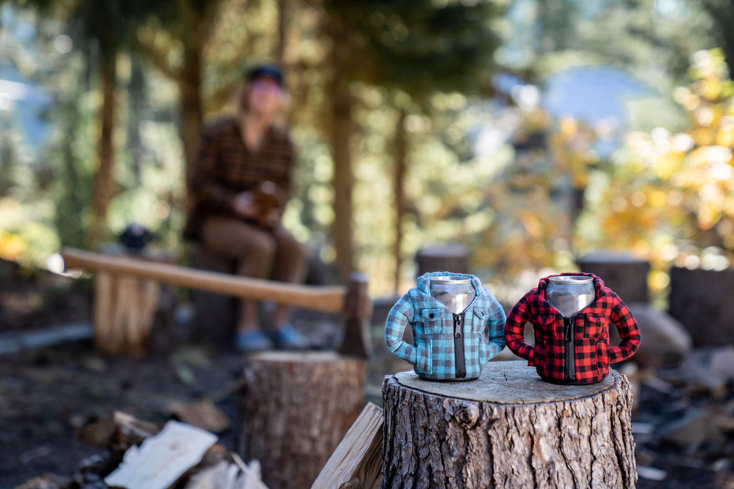 Puffin Drinkwear The Lumberjack sitting on a log with an axe.