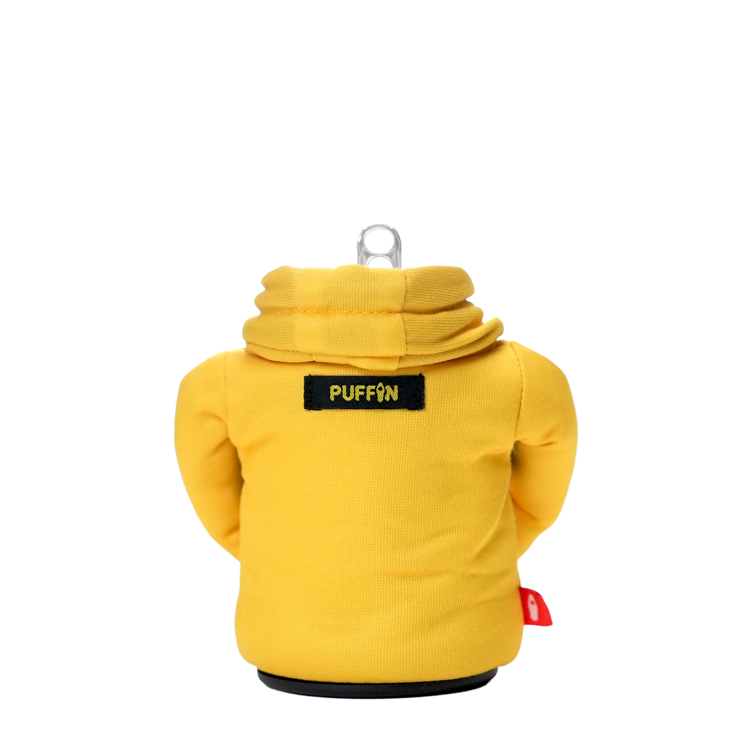 rear view Charlie brown yellow shirt Puffin hoodie for drink can hood down